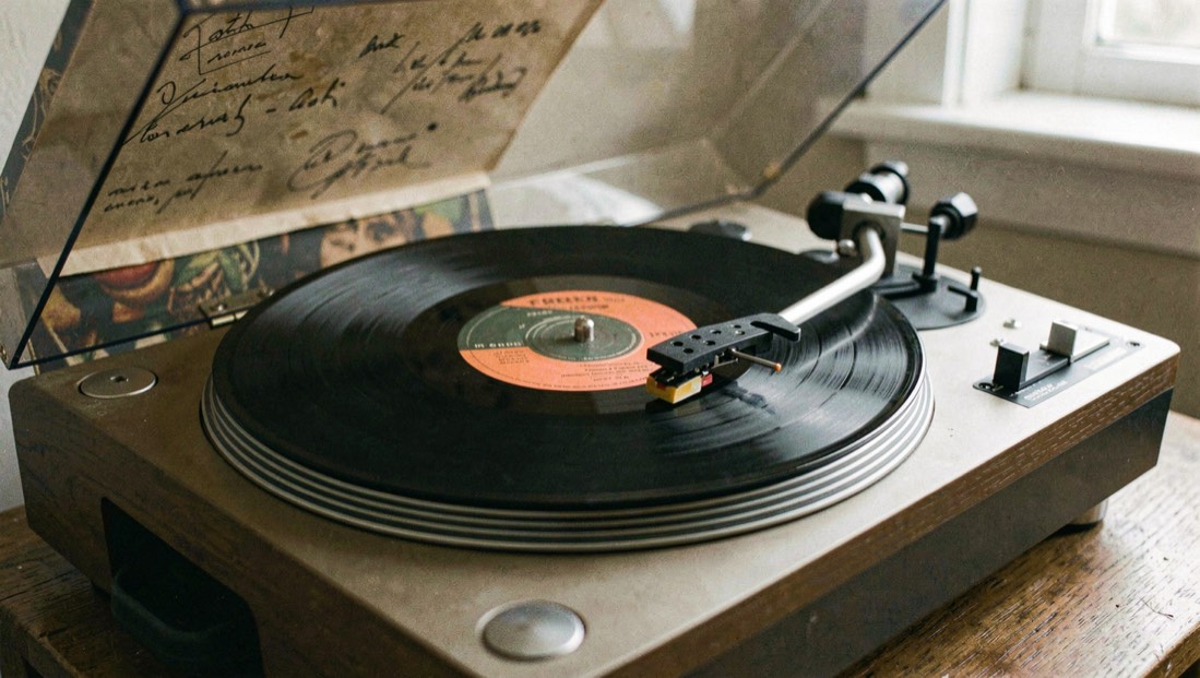 Giradischi con piatto nero in rotazione e braccio di lettura appoggiato su un disco in vinile aperto sulla copertina